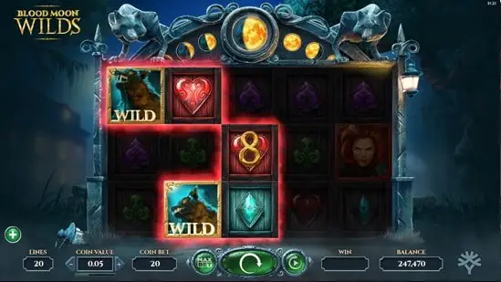 Blood Moon Wilds slot gameplay with reels and werewolf theme