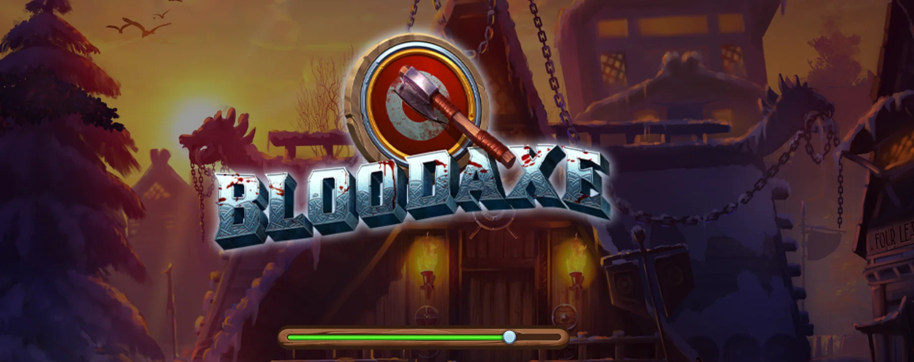 Main game screen of Bloodaxe slot with Viking warriors and snowy background