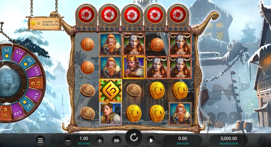 Base game gameplay of Bloodaxe slot showing wild axes and collection meters