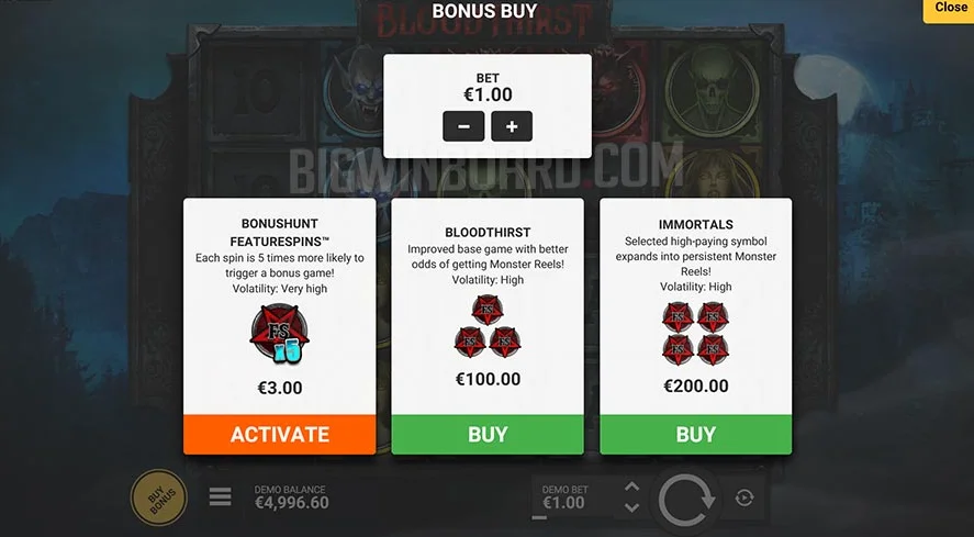 Bloodthirst online slot base game reels with monster symbols and expanding reels in action