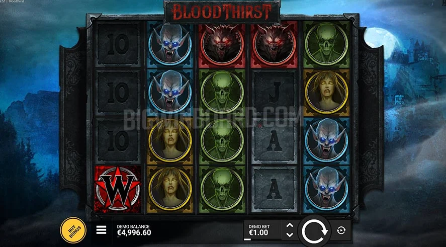 Bloodthirst slot bonus round with Monster Takeover reels and high payout symbols displayed.