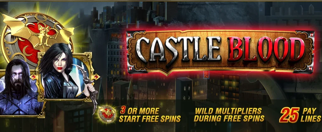 Detailed artwork of Castle Blood slot with vampire symbols and gothic design