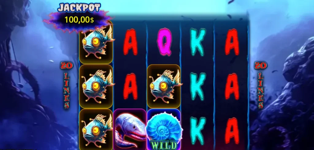 Collection of bloody deep sea slot symbols including wild shell, pink coral scatter, and treasure chest bonus