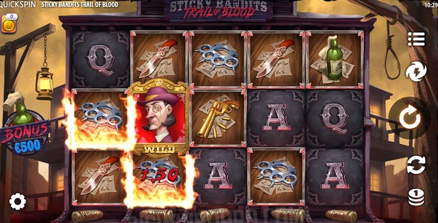 View of Sticky Bandits Trail of Blood slot reels with western symbols